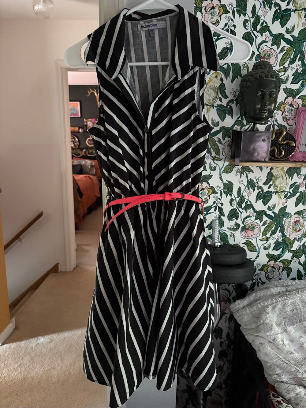 bailey blue Black and White Striped Midi Dress with Pink Belt